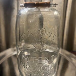 Mason’s Patent Nov 30th 1858 14” Embossed Clear Glass Jar with Wooden Handle
